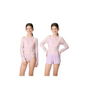 NWT Billabong Girls 2-Piece Swim Floral Rash Guard Bodysuit Shorts Purple 10/12